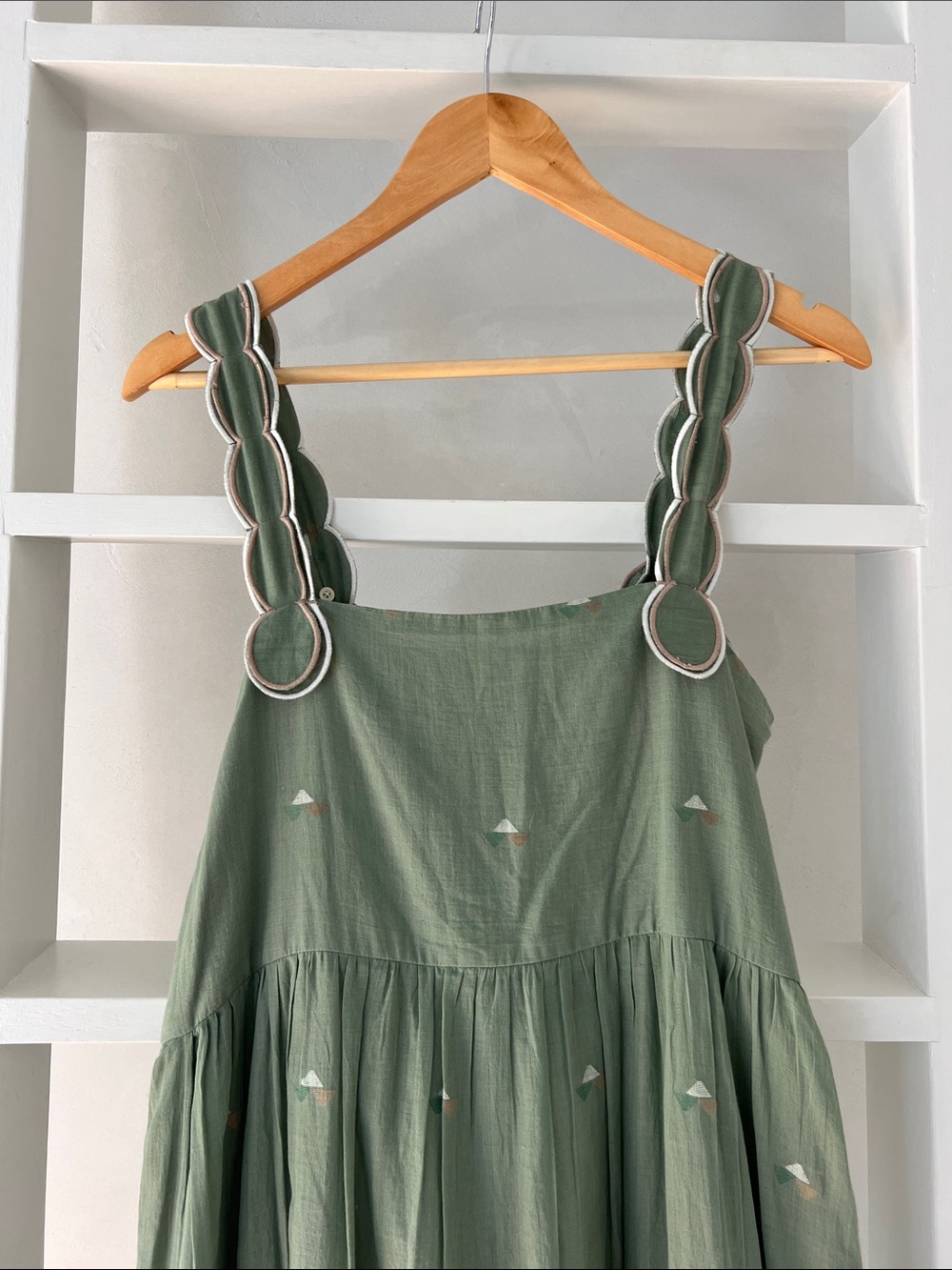 MIRTH Olive Green Tiered COTTON Sundress with Scallop Straps - Picture 3 of 8